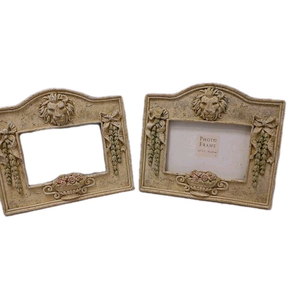 2 Pcs Set 1999 Greek Garden Lion Picture Frame 7x6.5 Floral Textured Ceramic